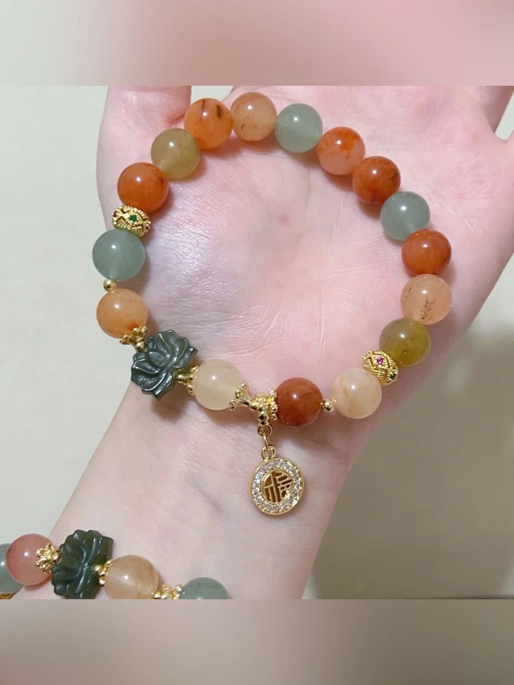 Handmade GoldenSilk Jade Bracelet ｜ Green Jade Lotus Charm & Lucky Fu福Dangle